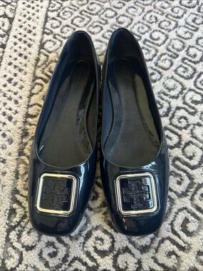Tory Burch Black Patent Logo Square-Toe Flats
